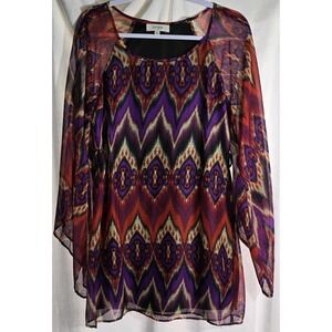 Umgee Womens Top Size‎ S Tunic Boho Long Sleeve Lace Trim Semi Sheer